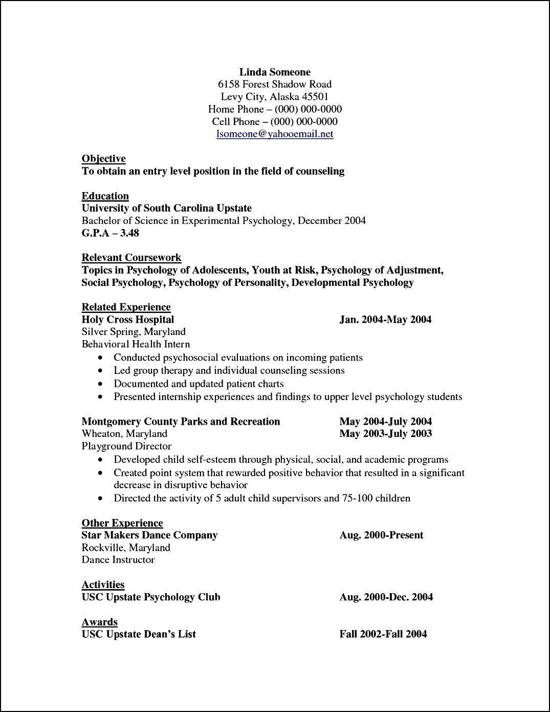 Psychology resume sample