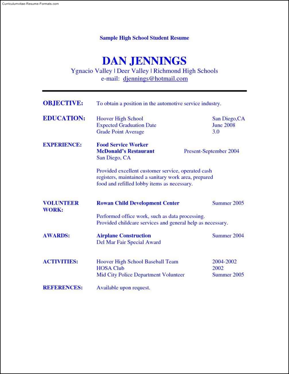 High School Student Resume Templates Free Samples Examples Format Resume Curruculum