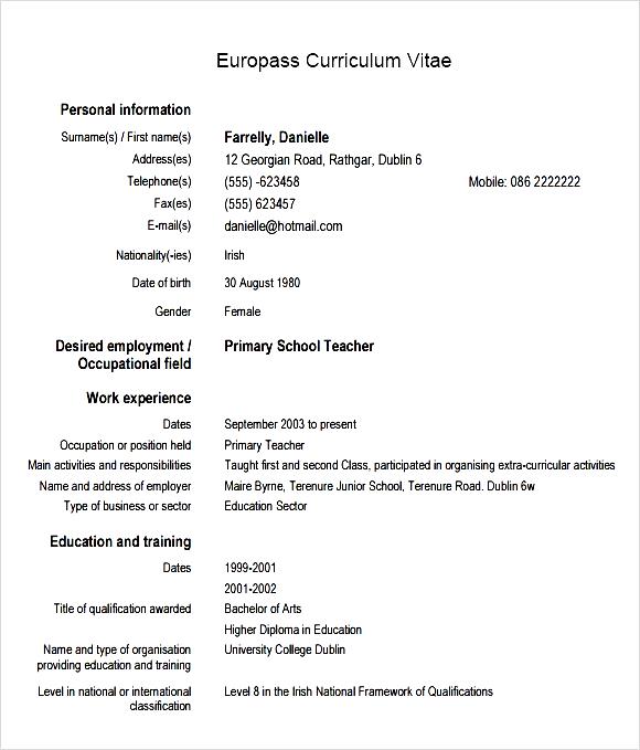 europass curriculum vitae sample