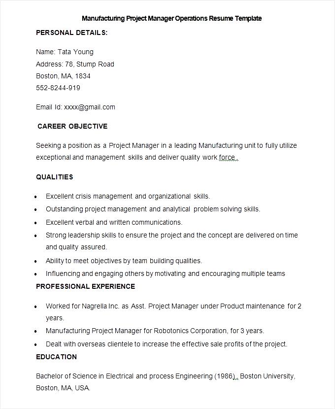 project manager manufacturing resume