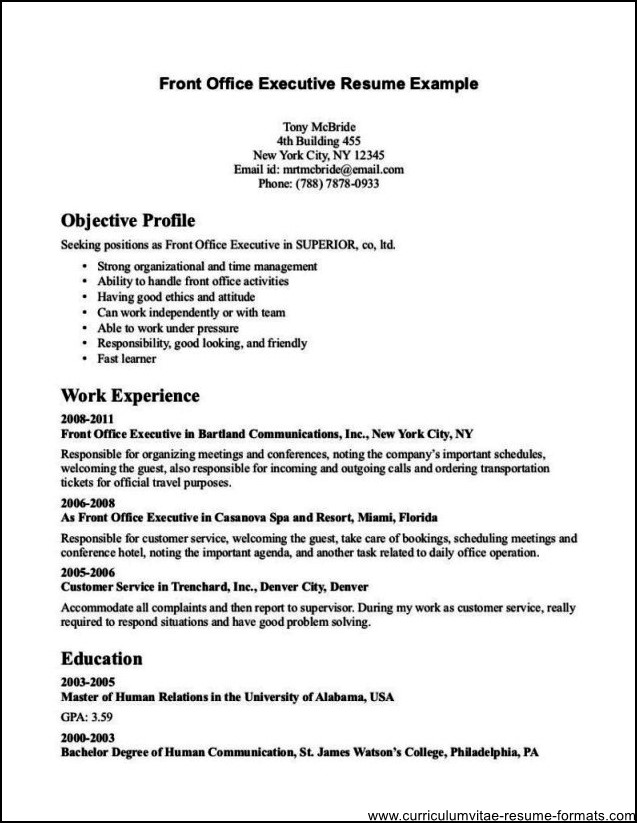 front office executive resume tips