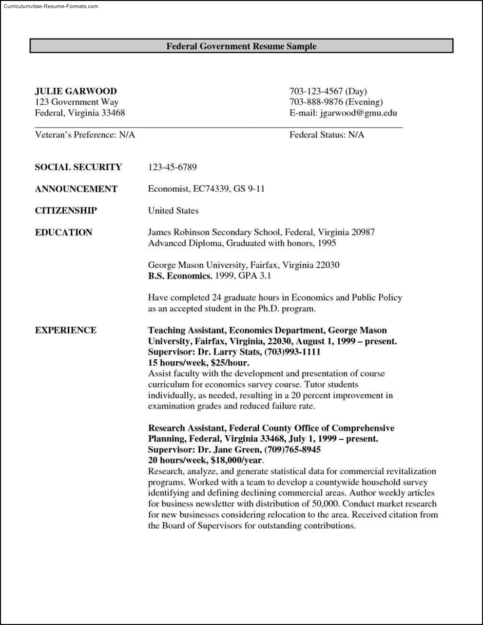 resume samples for government jobs