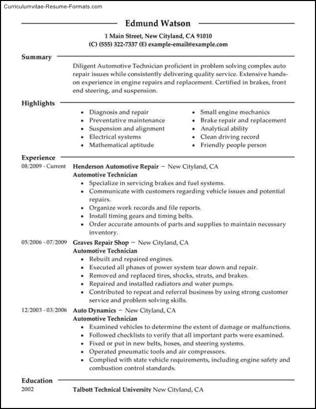 Mechanic Resume Templates Free Samples , Examples & Format Resume