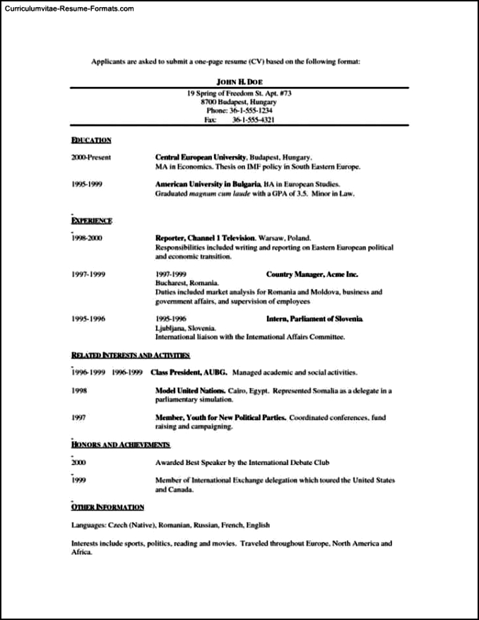 resume format in one page