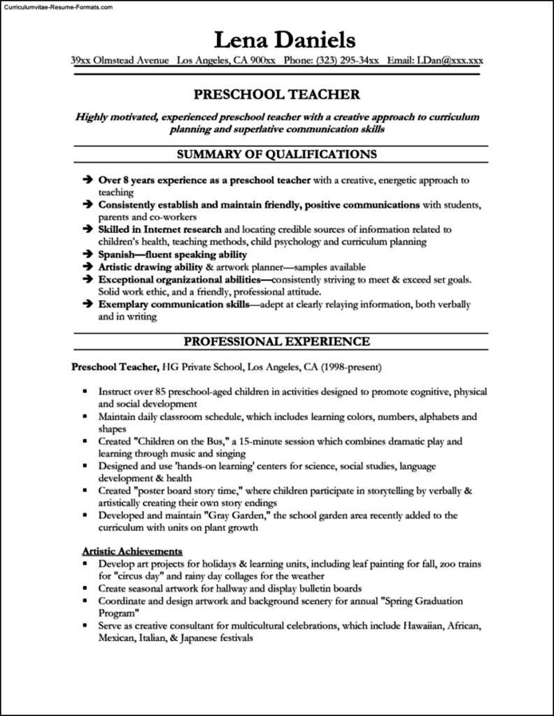 resume examples preschool teacher