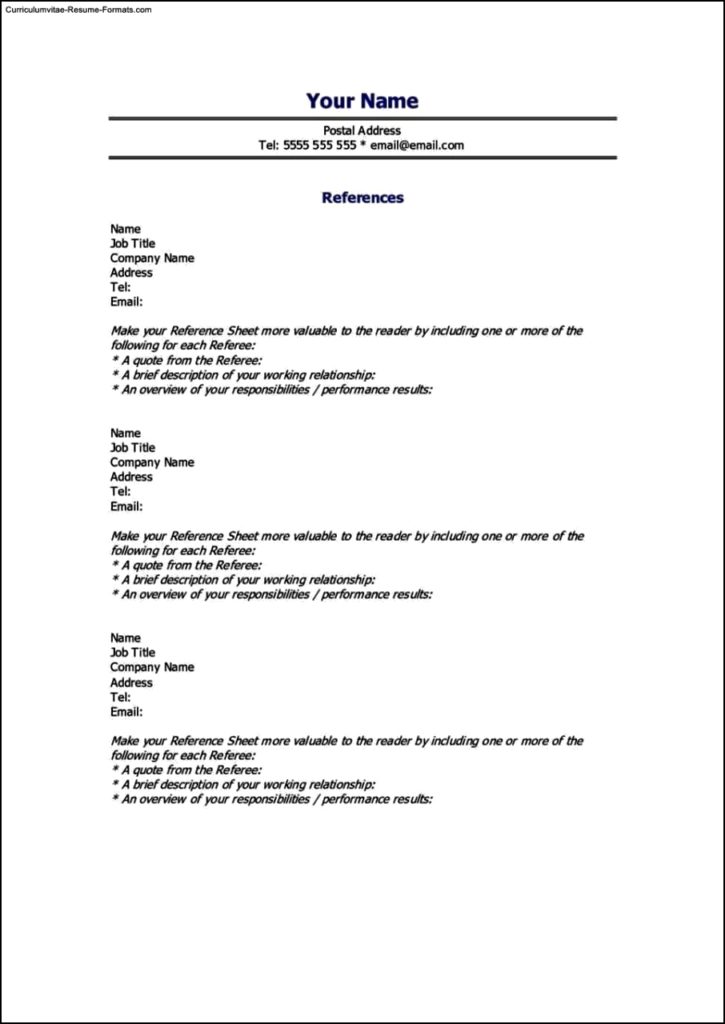 Reference Page For Resume Template