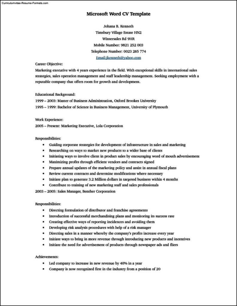 Resume Format Template Microsoft Word