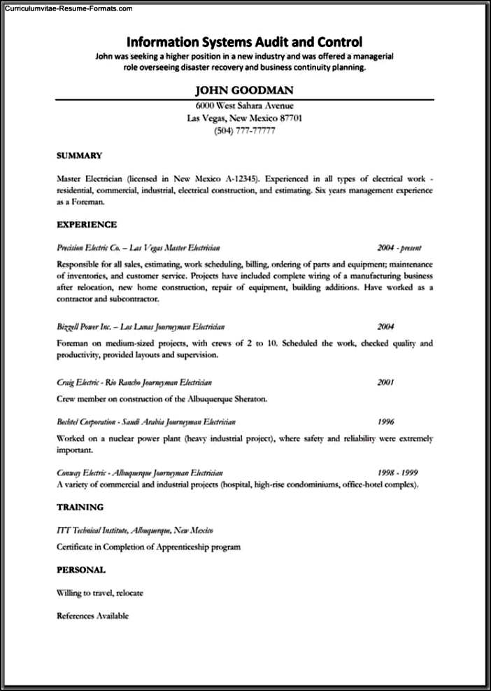 Resume Template For Electrician