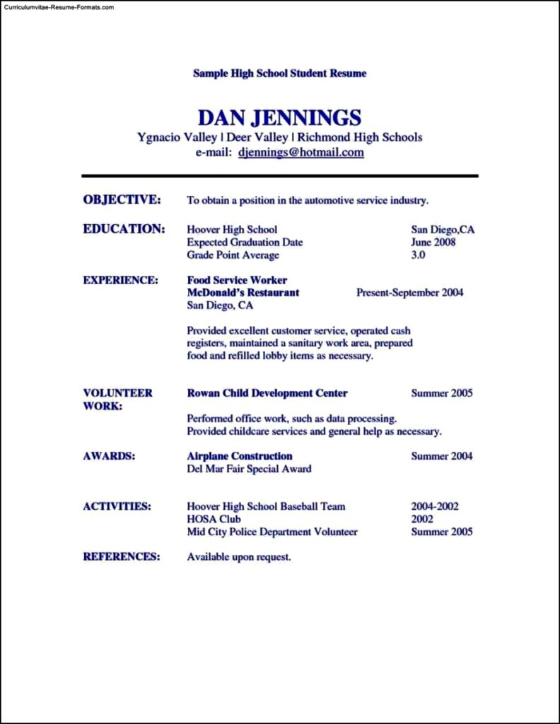 Resume Template For Highschool Students