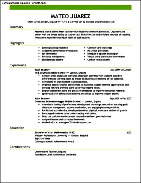Resume Template For Teacher