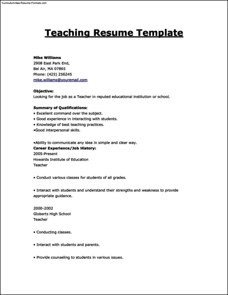 Resume Templates For Teaching Jobs