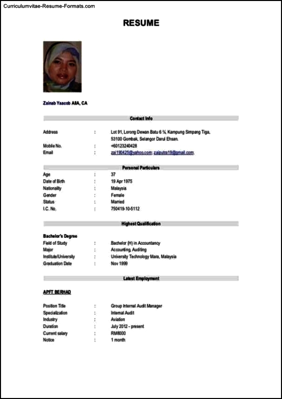 job application format of resume