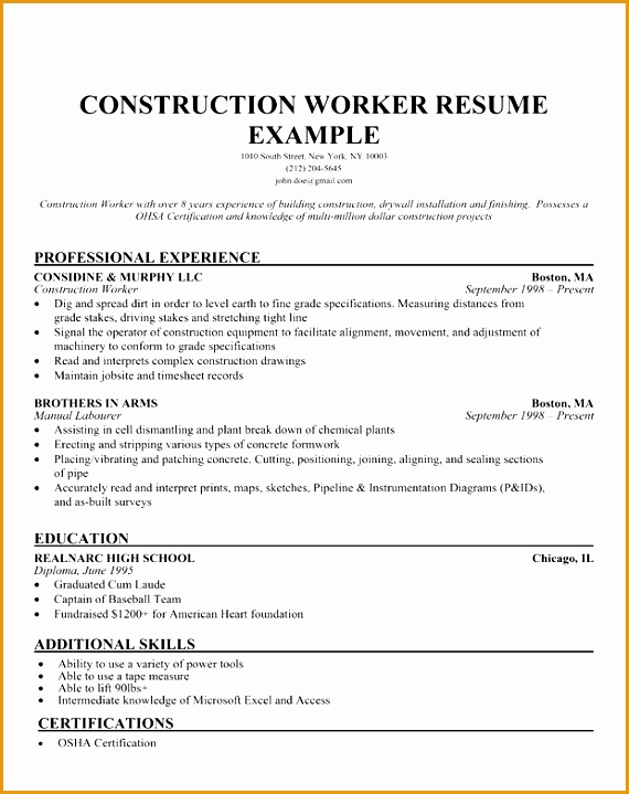 construction worker resume sample large