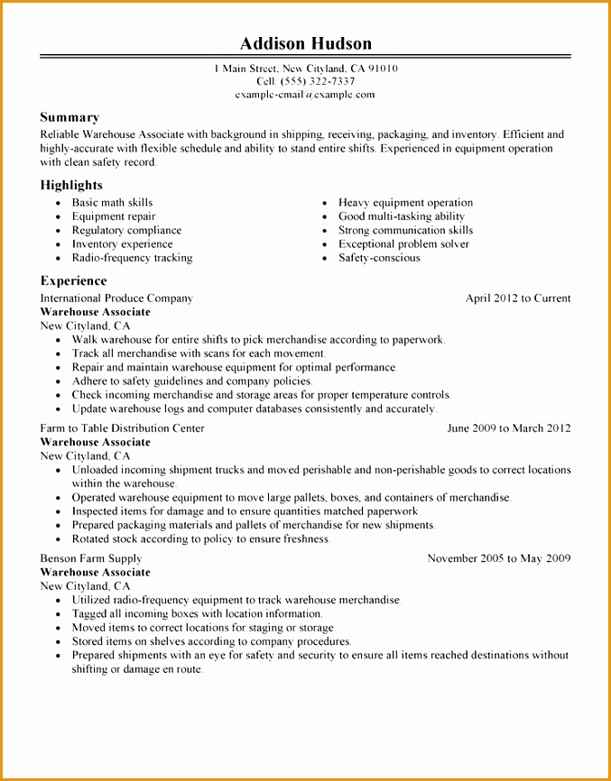 Good Addison Hudson Example of Warehouse Worker Resume Objective with Summary…866677