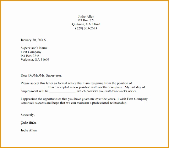 Formal Resignation Letter for Two Weeks Notice Free PDF
