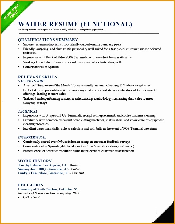 Waiter Functional Resume