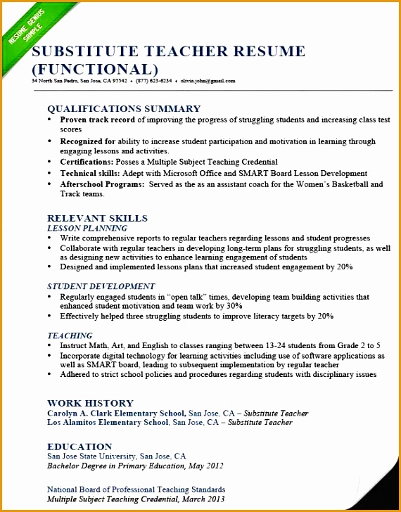 Substitute teacher resume sample functional