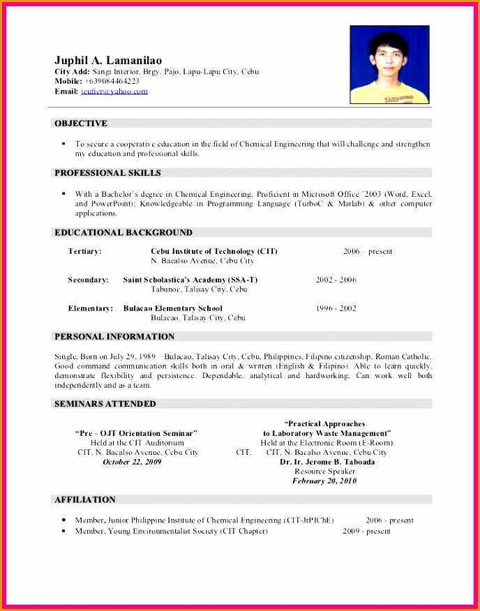 sample resume for ojt electrical technology876688